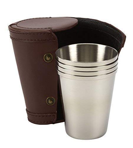 Farm Cottage Brands Four 4oz stainless steel tumblers/tot cups in a leather trimmed pouch - ideal for red wine/punch/sloe gin/kings ginger (3387)