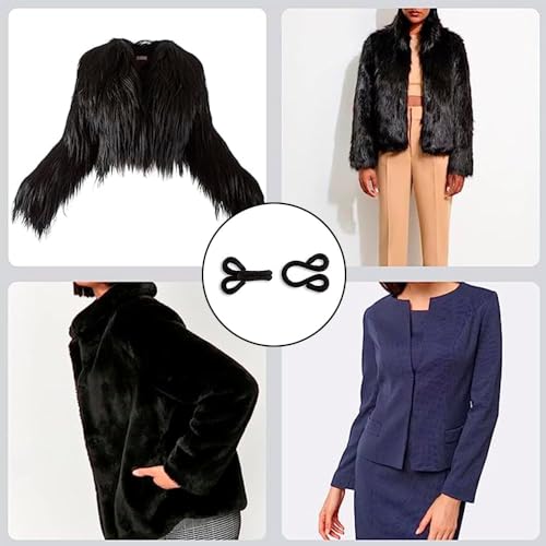 Lakesstory Black Covered Hooks & Eye Sewing Closure for Fur Coat Jackets Sewing Hooks for Clothing, 1-1/2" 2 Set in a Pack