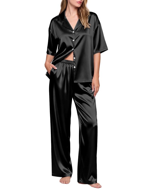 Ekouaer Silk Satin Pajamas Set Women Short Sleeve Pjs Button Down