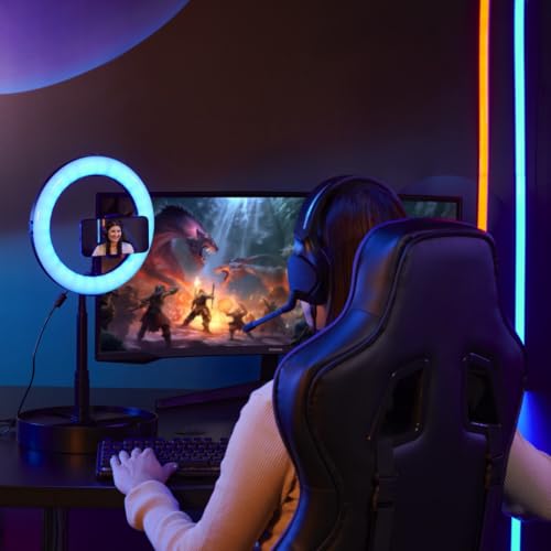 Hama LED RGB Ringlicht mit Stativ Handy faltbar 10,2“ Ringleuchte, 26,5 cm Durchmesser, Tisch Stativ f&uuml;r die Kamera, ausziehbar bis 138 cm, dimmbares LED Tischringlicht, farbig, zum Einklappen schwarz