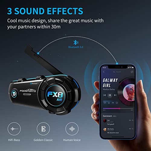 FODSPORTS FX8 AIR Motorcycle Bluetooth Headset, 1000M Motorcycle Communication Systems with 3 Sound Effects, Hands-Free Helmet Intercom with CVC Noise Cancellation, IP65 Waterproof, FM Radio, 2 Pack - Thumbnail 4
