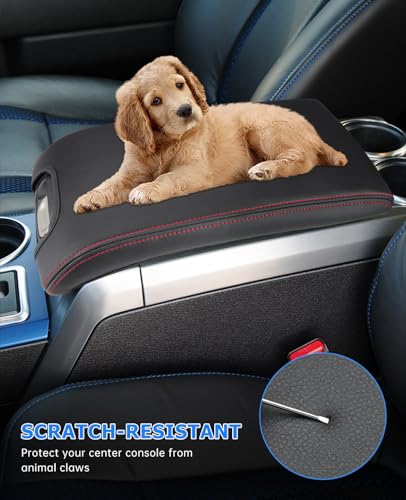 Image of INTGET Center Console Armrest Cover for Ford F150 Accessories 2009 2010 2011 2012 2013 2014 Car Middle Lid Seat Cover Protector (Red Stitches, 2009-2014)