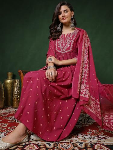 Image of PARTHVI Women's 100% Pure Cotton Anarkali Kurta Set with Pant & Dupatta | Embroidered Flared Kurta | Elegant Ethnic Suit