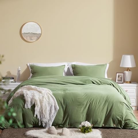 SunStyle Home Sage Green Duvet Cover Full/Queen Size - Soft Double Brushed Full/Queen Duvet Cover Set, 1 Duvet Cover 90x90 inches and 2 Pillow Shams, 3 Pieces Comforter Cover with Button Closure Cover