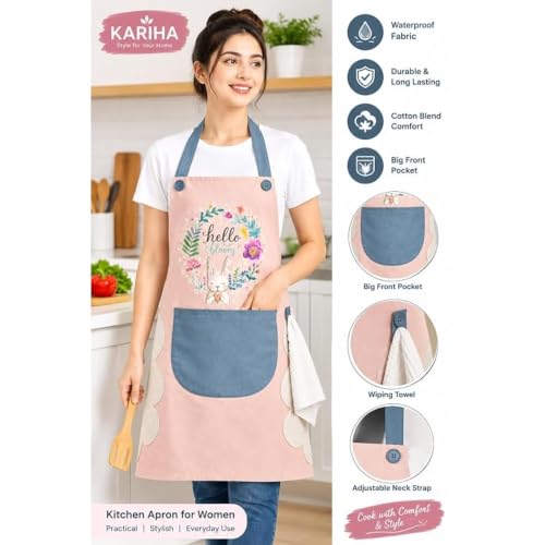 Image of Rabbit Floral Kitchen Apron with Side Hand Wipes and Front Pocket