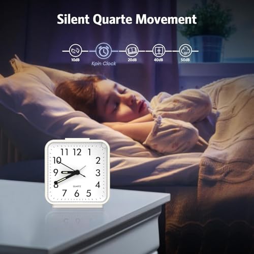 Image of Analog Alarm Clocks, Non Ticking Table Clock with Luminous Hand & Large Display, Battery Powered Silent Bedside Alarm Clock with Night Light Function & Snooze, for Bedroom, Office (White)