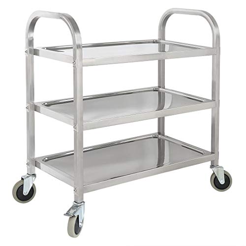 U/N Chariot de Service Rangement Mobile Plateau Roulant Desserte de Cuisine à roulettes 3 Niveaux étagères Acier INOX Chromé 72x40x82cm-038