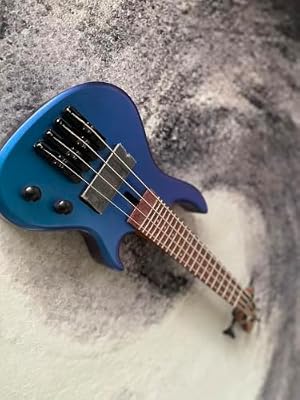 4 Strings Chameleon Metallic Blue Cailcedra Body Mini Electric Bass Guitar 436mm Scale Length, Purple Heartwood Fingerboard,55090 Stainless Frets,Mahogany & Maple Pcs Neck,Black Hardware With Gig Bag