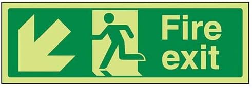 VSafety Glow In The Dark Fire Exit Arrow Down Left Sign - 300mm x 100mm - Rigid Plastic