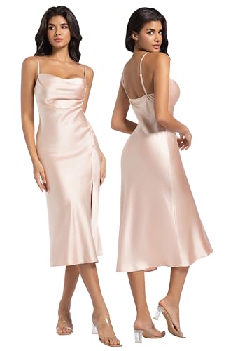 Wedding Guest Dress for Women Spaghetti Strap Satin Slip Cocktail Formal Midi Evening Party Dresses (XS,Champagne)