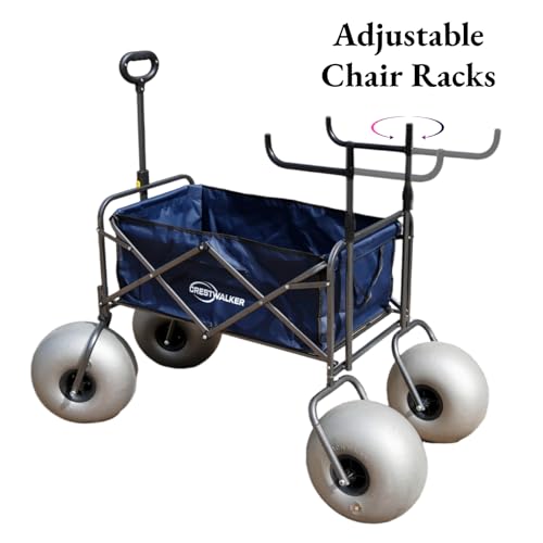 Beach Cart with 13" Balloon Wheels, Collapsible Wagon with Big Wheels for Sand, Adjustable Chair Racks Holds Up to 4 Folding Chairs, Pump Included