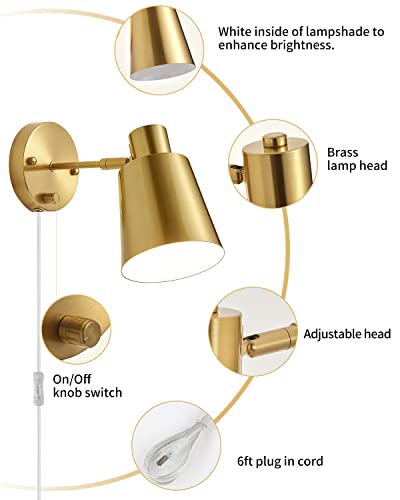 Zitostory Gold Dimmable Wall Sconce Plug In, Wall Sconces Set Of Two Swing Arm Wall Lights With 6Ft Plug In Cord And On/Off Dimmer Rotary Switch,For Bedside Bedroom Bathroom(2 Bulbs Included) #TOP6