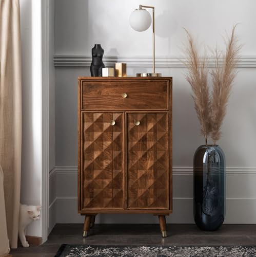 Image of The Attic Diamond Shoerack, Shoe Storage Cabinet for Home, Shoe Rack with Seat & Door, Shoe Organizer, Shoe Rack for Home, Honey Matte Finish
