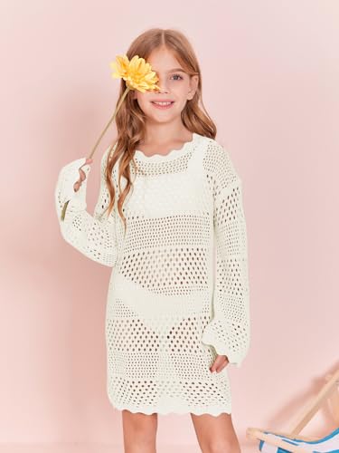 Image of Batermoon Girls Crochet Long Sleeve Swimsuit Cover Up Kids Fashion Hollow Out Swimwear Beach Dress 5-14 Years