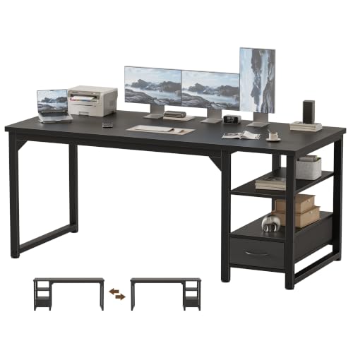 Image of Mericonia 63 in Computer Desk with Drawer, 1 inch Thick Reversible Office Desk | Large Modern Writing Table with Storage Shelves, Heavy Duty Industrial Executive Desk for Home Bedroom Study Work