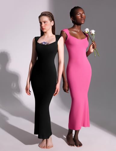 Image of PUMIEY Women's Square Neck Cap Sleeve Maxi Dress Ribbed Bodycon Dress Summer Dresses for Women