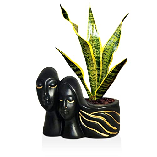 Image of Lasaki Couple Black Gold Ceramic Flower Pot for Indoor & Outdoor Plants | Decorative Balcony, Garden, Home & Office Succulent Pot | Designer Gamla Plant Holder (16cm X 10cm X 14.5cm)