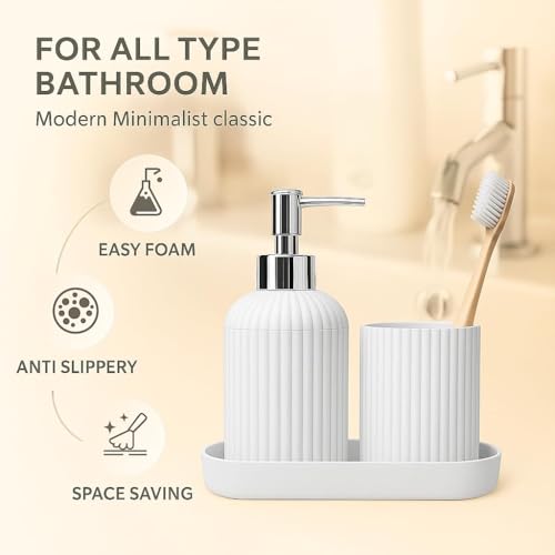 Image of 3PCS Set Bathroom Soap Dispenser Set with Toothbrush Holder and Vanity Tray Unbreakable (White)