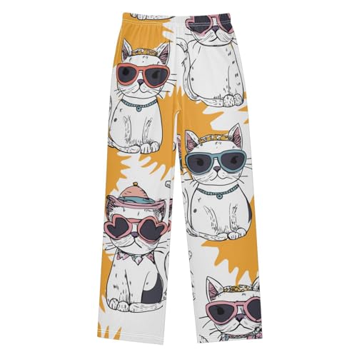 Cat with Glasses Boys Long Pants Soft Trousers Elastic Waist Kids Lounge Bottoms with Pockets S-XL