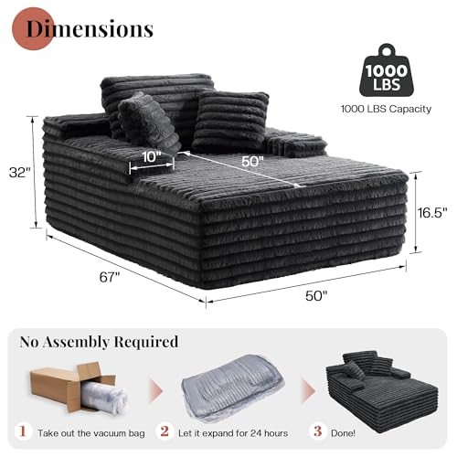 VanAcc 67 Inch Chaise Lounge, No-Assembly Sofa Chaise with Throw Pillows Armrests, Faux Fur Sleeper Sofa for Living Room, Gray