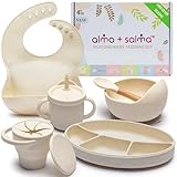 ALMA + SALMA Silicone Baby Feeding Set, Baby Led Weaning Supplies, Suction Plate & Bowl, Spoon, Bib, Cup, Snack Cup, Baby Dishes (GARDENIA)