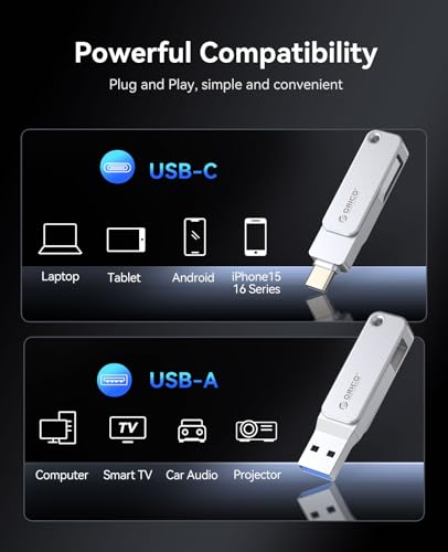 Image of ORICO 256GB Dual USB 3.0 Flash Drive 150MB /s USB Thumb Drive Type-C and USB Type-A Metal Housing Swivel Design for Smartphones & Laptops - EB05 (Pack of 2)