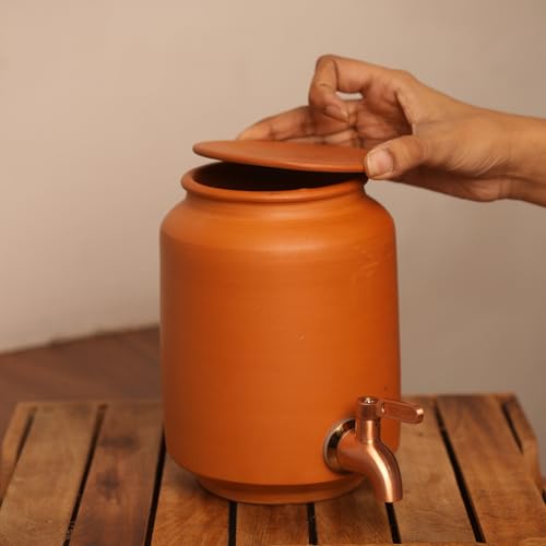 Image of Clay Water Dispenser 2.5 Litre with Copper Stainless Steel Tap & Lid - Terracotta Mitti Water Pot /Matka, Natural Earthenware Drink Dispenser for Kitchen, Home & Office