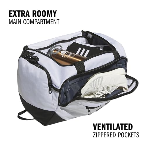 Image of adidas Defender 5 Duffel Bag for Sports, Gym and Travel, Twill White /Black, OSFA