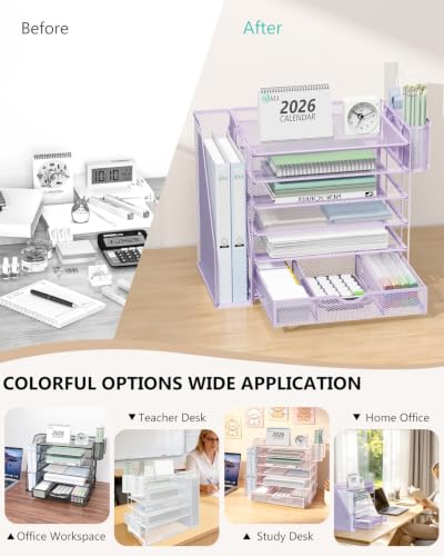 Image of WALI Desk File Organizer, 6 Tier Desktop Paper Letter Tray Organizer with Drawer and 2 Pen Holders, Office Desk Accessories & Workspace Organizers for Office, Home Supplies(DO007DH-V), 1 Pack, Purple