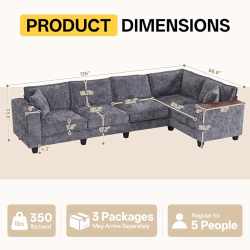 Image of 126 inch L Shaped Sectional Couch, Comfy Chenille Sectional Couch, Modular Convertible V Shaped Couch, 5 Seat Corner Sofa with 2 Pillows & Storage Armrests for Living Room, Grey