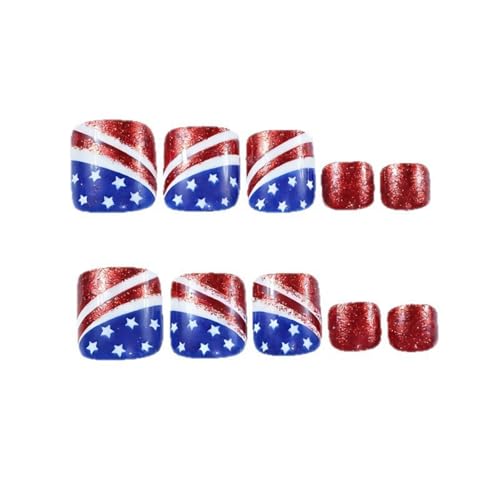 Image of 4th July Press on Toenails Independence Day Fake Toe Nails Red Blue Toenail Press on Nails with Star Design Short Square Glossy Full Cover Patriotic Stick on Toes for Women Manicure 24Pcs