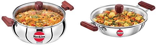 Image of Hawkins 5 Litre Cook n Serve Handi with Glass Lid & Tri-Ply Stainless Steel Induction with Glass Lid, 2.5 Litre