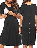 Pinspark Still Nachthemd Damen Geburt Stillnachthemd Mutterschaft Schwangerschaft umstandsnachthemd Nachtwäsche Kurz Umstands mit Durchgehender Knopfleiste Schwarz L