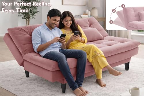 Image of Rosebell Modern Wooden 3-Seater Sofa Cum Bed Foldable Velevt Fabric Sofa for Living Room, Guest Room & Office-Rose Pink-Color