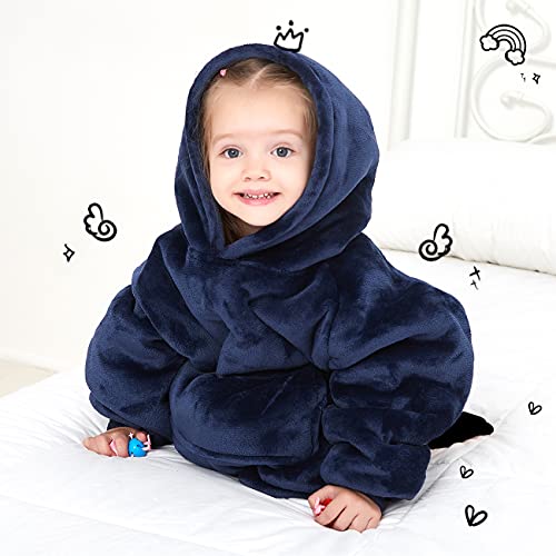 Image of KFUBUO Wearable Blanket Hoodie for Kids With Pocket Toddlers 2-6 Year Old | Navy, Sherpa, Heavy Material, Oversized Sweatshirt Blanket, Kids Blanket, Girl Boy Gifts, Cozy Gifts for Kids