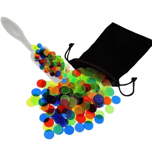 JchEnye 150 fichas de bingo transparentes, 1,5 cm de diámetro, 4 colores, incluye bolsa de terciopelo y espátula