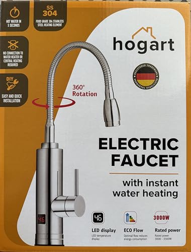 HOGART Elektrische Wasserhahn mit Durchlauferhitzer 230v für Küche, Garten, Bad, Wohnwagen, Camping, 2 Aufsätze, Smart Heater, Armatur mit Sofortiger Warmwasserbereiter, Warmwasserhahn, Wasserboiler
