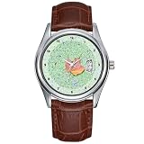 Orologio da polso da uomo, casual, impermeabile, al quarzo, con data, classico, in pelle, marrone, con foglia d'acero su uno stagno di castoro, Quebec, Canada, Marrone, Commerciale