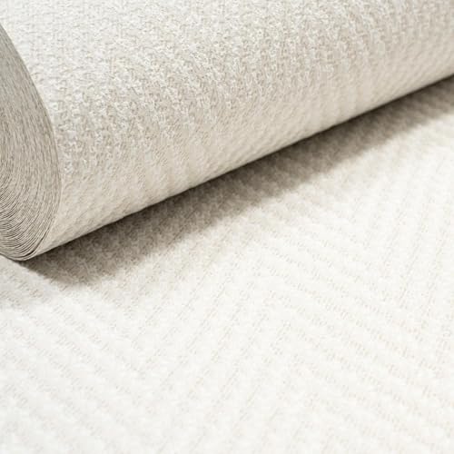 Image of SOPHIE LAURENCE Cream Geometric Herringbone Chevron Textured Wallpaper Woven Textile Effect Free Match Non-Woven Vinyl Paste The Wall 10m x 0.53m Full Roll Hallyway Feature Bedroom Vinyl
