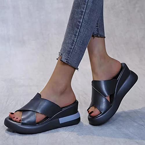 Women's Faux Leather Wedge Slipper Cross Thick Strappy Platform Sandal Summer Spring Casual Slide Slip on Sandals2