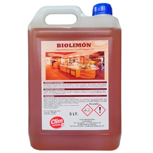 Limpiador concentrado multiusos biológico enzimático con aroma a limón. 5 litros. Alto poder desengrasante desincrustante y desodorizante y válido para utilización en multisuperficies