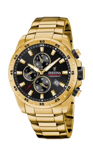 Festina Montre Homme Analogique en Acier Inoxydable 316L Doré - Mouvement Quartz - Chronographe - Calendrier - Verre Minéral Haute Résistance - Étanche 10...