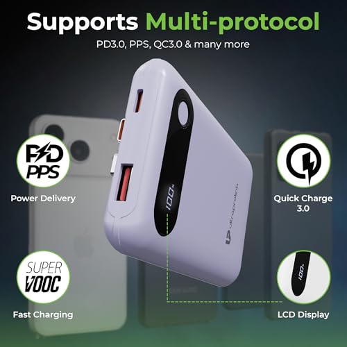 Image of UltraProlink Power Bank 10000mah Fast Charging|16.8mm Slim|22.5W QC-PD-PPS Fast Charging Battery Bank|with USB-C & iPhone Cable|Digital Display|Power Bank for Tablets & Smartphones| Lily |UM1127