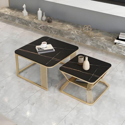 HILOX Square Coffee Table, Modern Nestings Table Set of 2, Sofa Side Table with Marble Veneer Top and Metal Frame, End Table/Sofa Center Table for Living Room Bedroom Home or Office (Black & Gold)