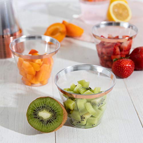 Plasticpro 9 Oz Disposable Plastic Party Cups,Old Fashioned Designed Tumblers, Crystal Clear (Clear With Rose Gold Rim, 100) #TOP3