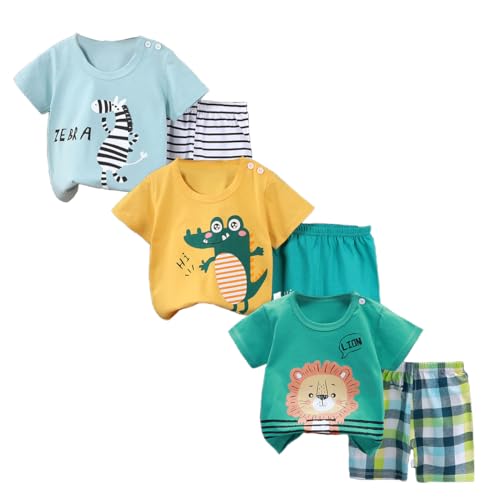 XM-Amigo Ensemble T-Shirt et Short à Manches Courtes Garçon, Lot de 3 Ensembles 6 Pièces, avec Boucles d'Épaule, 2 à 3 Ans, Taille 65/100