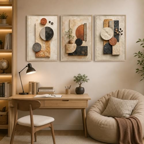 Image of Livin'luxe Set of 3 Geometric Abstract Wall Photo with Frame for Living Room Bedroom Hall Office Decor, Premium Wooden Synthetic Frame Modern Artwork Gift