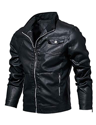Lavnis Men's Leather Motorcycle Jacket Casual Stand Collar Slim Fit Faux Leather Biker Coat Black XL