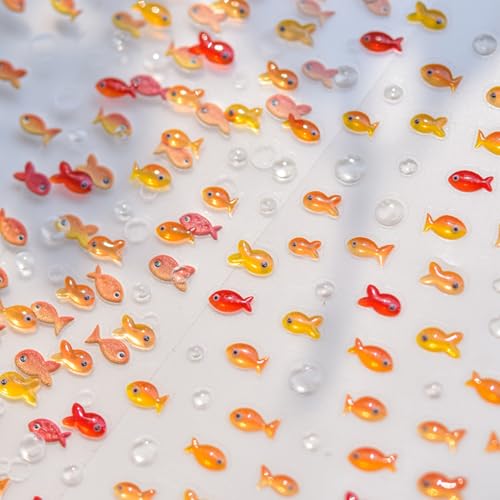 Litter Red Fish 5D Embossed Jelly Goldfish Nail Decals 1PCS Small Koi Carp Water Bubble Nail Designs Manicure Sticker Soft Relief Adhesive Decal for Summer Nail Art