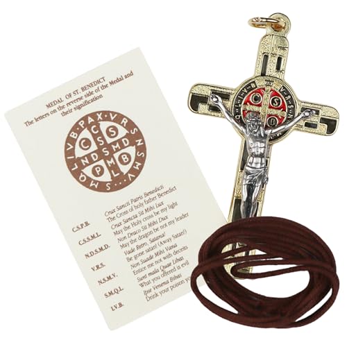 Needzo Saint Benedict Gold Tone Medal Crucifix, Catholic Devotional and
